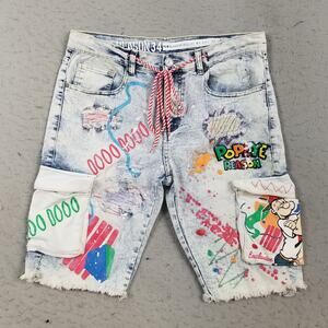 Reason Popeye Shorts Mens 34 Multicolor Acid Wash Denim Cargo Distressed Stretch